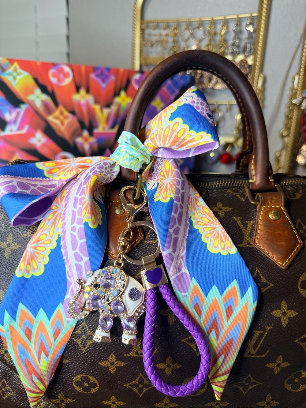 Blue & Purple Scarf with Purple Crystal Elephant Charm